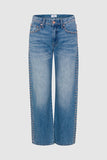 Pistola Denim Lexi Mid Rise Bowed Straight Style P00016200RL SttrSd in Star Studded; Women's medium wash mid-rise rose gold studded bow leg jeans