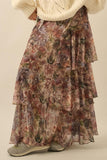 Promesa Clothing Dream Valley Floral Mesh Tiered Ruffle Maxi Skirt Style FSC0128 in Sand Floral; Fall Floral Tiered Maxi Skirt