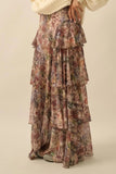 Promesa Clothing Dream Valley Floral Mesh Tiered Ruffle Maxi Skirt Style FSC0128 in Sand Floral; Fall Floral Tiered Maxi Skirt
