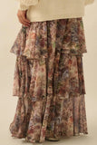 Promesa Clothing Dream Valley Floral Mesh Tiered Ruffle Maxi Skirt Style FSC0128 in Sand Floral; Fall Floral Tiered Maxi Skirt