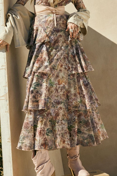 Promesa Clothing Dream Valley Floral Mesh Tiered Ruffle Maxi Skirt Style FSC0128 in Sand Floral; Fall Floral Tiered Maxi Skirt