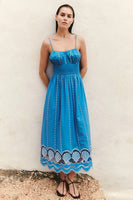 RAils Clothing Murano Dress Style 651A-166F-1558 in French Blue; Blue Smocked Summer maxi Dress with Shell Seashell Cutout hem