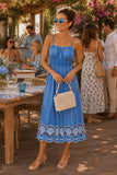 RAils Clothing Murano Dress Style 651A-166F-1558 in French Blue; Blue Smocked Summer maxi Dress with Shell Seashell Cutout hem. Summer Event Dress. Brunch Outfit. Summer Guest OF Outfit