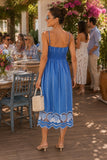 RAils Clothing Murano Dress Style 651A-166F-1558 in French Blue; Blue Smocked Summer maxi Dress with Shell Seashell Cutout hem. Summer Event Dress. Brunch Outfit. Summer Guest OF Outfit