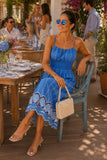 RAils Clothing Murano Dress Style 651A-166F-1558 in French Blue; Blue Smocked Summer maxi Dress with Shell Seashell Cutout hem. Summer Event Dress. Brunch Outfit. Summer Guest OF Outfit