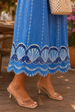 RAils Clothing Murano Dress Style 651A-166F-1558 in French Blue; Blue Smocked Summer maxi Dress with Shell Seashell Cutout hem. Summer Event Dress. Brunch Outfit. Summer Guest OF Outfit