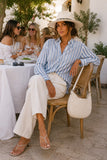 Rails Charli Shirt Style 200-766-8572 in Atlantis Stripe. Women's linen blend blue and white vertical pointelle stripe summer button down top.  Bfree American Summer 
