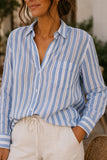 Rails Charli Shirt Style 200-766-8572 in Atlantis Stripe. Women's linen blend blue and white vertical pointelle stripe summer button down top.  Bfree American Summer 