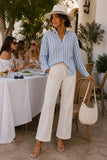 Rails Charli Shirt Style 200-766-8572 in Atlantis Stripe. Women's linen blend blue and white vertical pointelle stripe summer button down top.  Bfree American Summer 