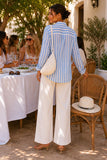 Rails Charli Shirt Style 200-766-8572 in Atlantis Stripe. Women's linen blend blue and white vertical pointelle stripe summer button down top.  Bfree American Summer 