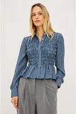 Rails Clothing Bradshaw Skirt Style 201084-521B-12126 in Washed Indigo Stripe. Timeless Button Up Top. Smocked Peplum Bottom Button Down Top to par with high waisted bottoms.