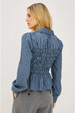 Rails Clothing Bradshaw Skirt Style 201084-521B-12126 in Washed Indigo Stripe. Timeless Button Up Top. Smocked Peplum Bottom Button Down Top to par with high waisted bottoms.
