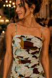 Close-up of the Dolly dress showcasing the straight neckline, adjustable spaghetti straps, and ruched stretch mesh construction. Rails Clothing Dolly Dress Style 566-103H-8745 in Plumeria