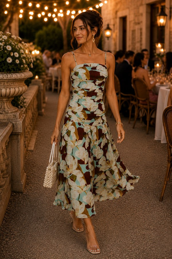 Dolly Floral Ruched Mesh Midi Dress