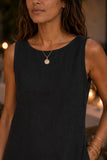 Rails Clothing Lindsey Dress Style 229-675C-001. Close-up of the Lindsey Dress boat neckline and wide shoulder straps in black linen