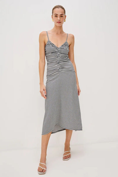 Rails Clothing Mari Dress style 575-163F-4424 in Navy Gingham; Ruched Spaghetti Strap Navy Gingham Midi Dress