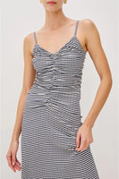 Rails Clothing Mari Dress style 575-163F-4424 in Navy Gingham; Ruched Spaghetti Strap Navy Gingham Midi Dress