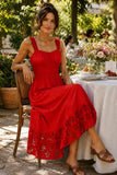 Rails Clothing Moira Dress Style 651A-157G-7738 in Scarlet. Red Cotton Poplin smocked empire waist embroidered cut-out hem summer event dress. Bfree American Summer
