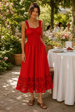 Rails Clothing Moira Dress Style 651A-157G-7738 in Scarlet. Red Cotton Poplin smocked empire waist embroidered cut-out hem summer event dress. Bfree American Summer