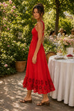 Rails Clothing Moira Dress Style 651A-157G-7738 in Scarlet. Red Cotton Poplin smocked empire waist embroidered cut-out hem summer event dress. Bfree American Summer