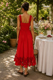 Rails Clothing Moira Dress Style 651A-157G-7738 in Scarlet. Red Cotton Poplin smocked empire waist embroidered cut-out hem summer event dress. Bfree American Summer