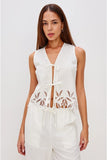 Rails Clothing Oregon Top Style 686A-671C-8520 in White Palm Embroidery;  White Linen Tie Front Resort Summer Top