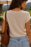 Rails Clothing Cady Top Style 826D-359E-1063 in Stone. Rear close-up showcasing the rolled back neckline and lightweight semi-sheer knit construction.