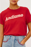 Rails x giadzy the classic crew t-shirt style 813-397-8854 in Aniamo Tomato. Limited-edition 100% Cotton Tomato Red "Andiamo" spring summer graphic tee shirt