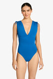 Robin Piccone Swimwear AUBREY V PLUNGE ONE PIECE Style 231720 in Lapis. a V-Neck adjustable tank trap 1-Piece Swimsuit with tummy control in Lapis Blue