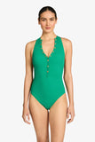 Robin Piccone Swimwear Amy One Piece Style 220814 in Emerald Green. Ribbed 1-Piece Swimsuit with moderate coverage, Adjustable strap back for true to size fit