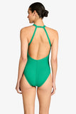 Robin Piccone Swimwear Amy One Piece Style 220814 in Emerald Green. Ribbed 1-Piece Swimsuit with moderate coverage, Adjustable strap back for true to size fit