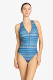 Robin Piccone Swimwear EMILIA HIGH NECK ONE PIECE style 262914 in Lapis Multi Stripe. A Blue Striped One-Piece Swimsuit with moderate coverage and adjustable back strap for perfect fit