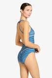 Robin Piccone Swimwear EMILIA HIGH NECK ONE PIECE style 262914 in Lapis Multi Stripe. A Blue Striped One-Piece Swimsuit with moderate coverage and adjustable back strap for perfect fit