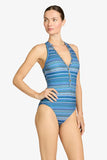 Robin Piccone Swimwear EMILIA HIGH NECK ONE PIECE style 262914 in Lapis Multi Stripe. A Blue Striped One-Piece Swimsuit with moderate coverage and adjustable back strap for perfect fit