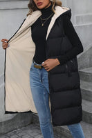 Rosa Clothing Zippered Sleeveless Hooded Long Padded Vest Style RCJW03688 in Black; 