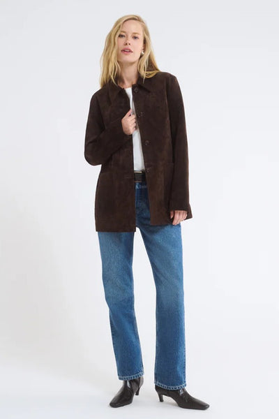 Rumored Clothing Yellowstone Jacket in Espresso Suede; Mid-Length Brown Suede Fall Jacket; Espresso Brown Fall Suede Jacket; Mid Length Suede Jacket