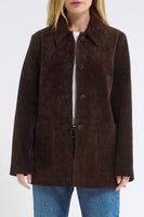Rumored Clothing Yellowstone Jacket in Espresso Suede; Mid-Length Brown Suede Fall Jacket; Espresso Brown Fall Suede Jacket; Mid Length Suede Jacket