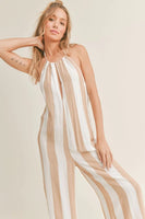 Sadie and Sage Neutral Striped Halter Jumpsuit Style AE2904 IvyTpe;Striped Halter Jumpsuit; 