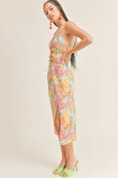 Sage the Label Girl from Rio Cutout Midi Dress Style LE2369 in Fuchsia Multi;Cutout Floral Midi Dress;Floral Cutout Midi Dress;Pink Printed Cutout Midi Dress; 