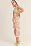 Sage the Label Girl from Rio Cutout Midi Dress Style LE2369 in Fuchsia Multi;Cutout Floral Midi Dress;Floral Cutout Midi Dress;Pink Printed Cutout Midi Dress; 