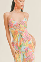 Sage the Label Girl from Rio Cutout Midi Dress Style LE2369 in Fuchsia Multi;Cutout Floral Midi Dress;Floral Cutout Midi Dress;Pink Printed Cutout Midi Dress; 