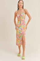 Sage the Label Girl from Rio Cutout Midi Dress Style LE2369 in Fuchsia Multi;Cutout Floral Midi Dress;Floral Cutout Midi Dress;Pink Printed Cutout Midi Dress; 