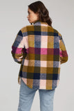 Saltwater Luxe Marty Multi-color Plaid Fall Jacket featuring a stylish plaid pattern in bright autumn shades browns, pinks, moss, red and blue. The jacket exudes comfort and elegance, making it a perfect choice for embracing the coziness of fall. Style Number S2923-MUL
