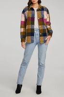 Saltwater Luxe Marty Multi-color Plaid Fall Jacket featuring a stylish plaid pattern in bright autumn shades browns, pinks, moss, red and blue. The jacket exudes comfort and elegance, making it a perfect choice for embracing the coziness of fall. Style Number S2923-MUL