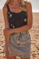 Saltwater Luxe Clothing Alexa Tank Style S3162-Blk in Black;Black Button Front Knit Tank Top; Black Flower Embroidered Knit Tank Top