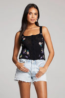 Saltwater Luxe Clothing Alexa Tank Style S3162-Blk in Black;Black Button Front Knit Tank Top; Black Flower Embroidered Knit Tank Top