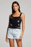 Saltwater Luxe Clothing Alexa Tank Style S3162-Blk in Black;Black Button Front Knit Tank Top; Black Flower Embroidered Knit Tank Top