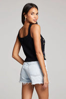 Saltwater Luxe Clothing Alexa Tank Style S3162-Blk in Black;Black Button Front Knit Tank Top; Black Flower Embroidered Knit Tank Top