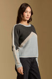 Saltwater Luxe Clothing Crue Vintage Blue Sweater Style S4329-VBLUE in Vintage Blue. Blue Color block wool blend crew neck sweater.