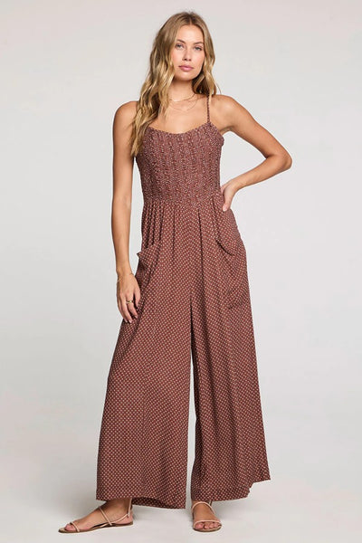 Saltwater Luxe Clothing Karlee Jumper Style S3674-W693-MCH in Mocha;Brown Jumpsuit;Saltwaterluxe Polka Dot Wide Leg Jumpsuit;Summer Wide Leg Jumpsuit; 